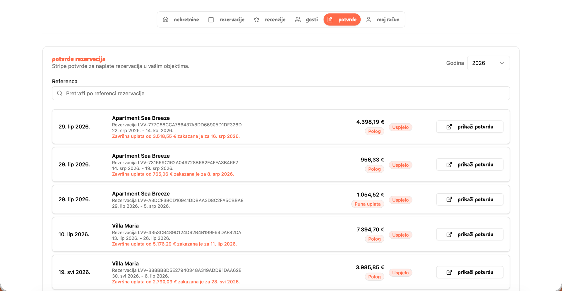 Livvi potvrde rezervacija sa Stripe naplatama, pologom i statusima uplata