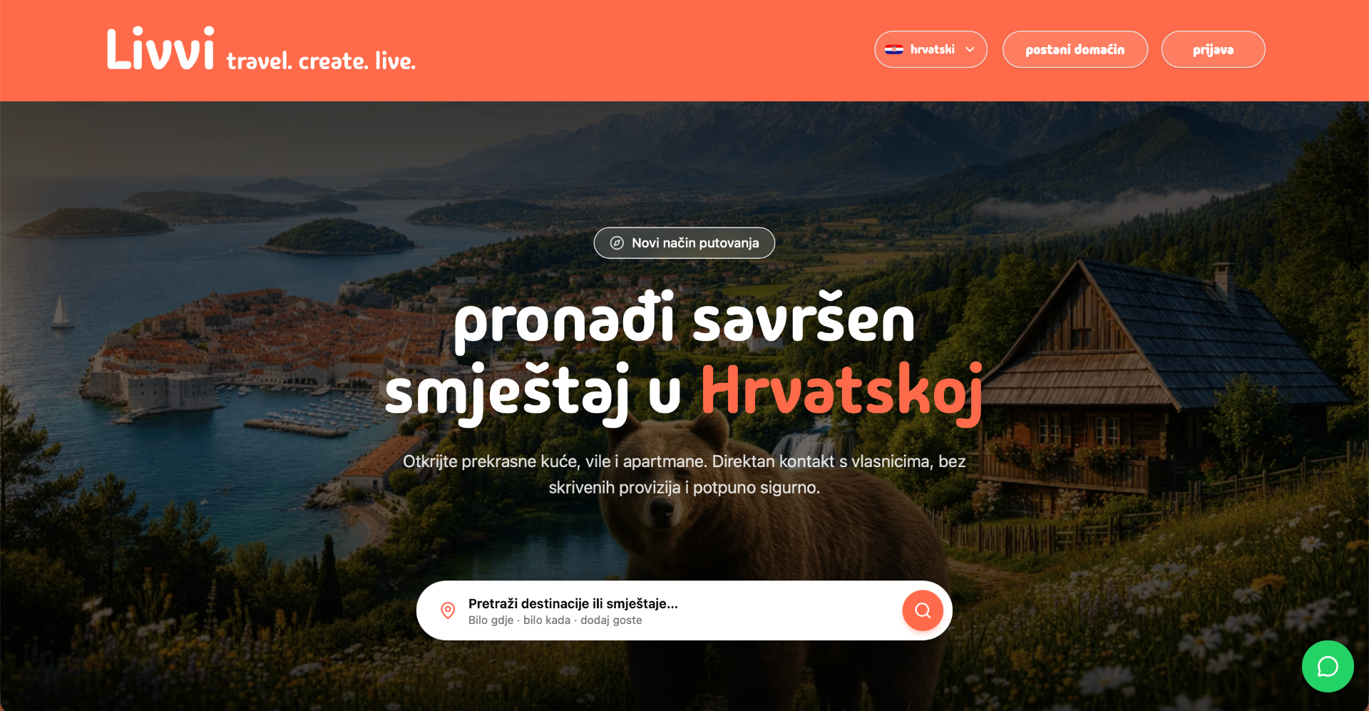 Livvi naslovna stranica za goste s pretragom smještaja u Hrvatskoj