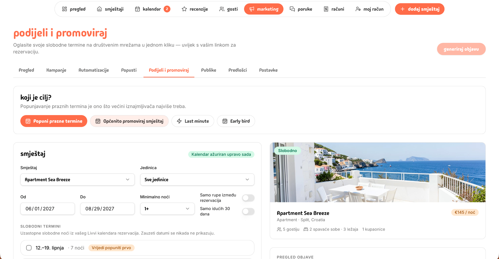 Livvi property promotion tool with goal, date selection and post preview