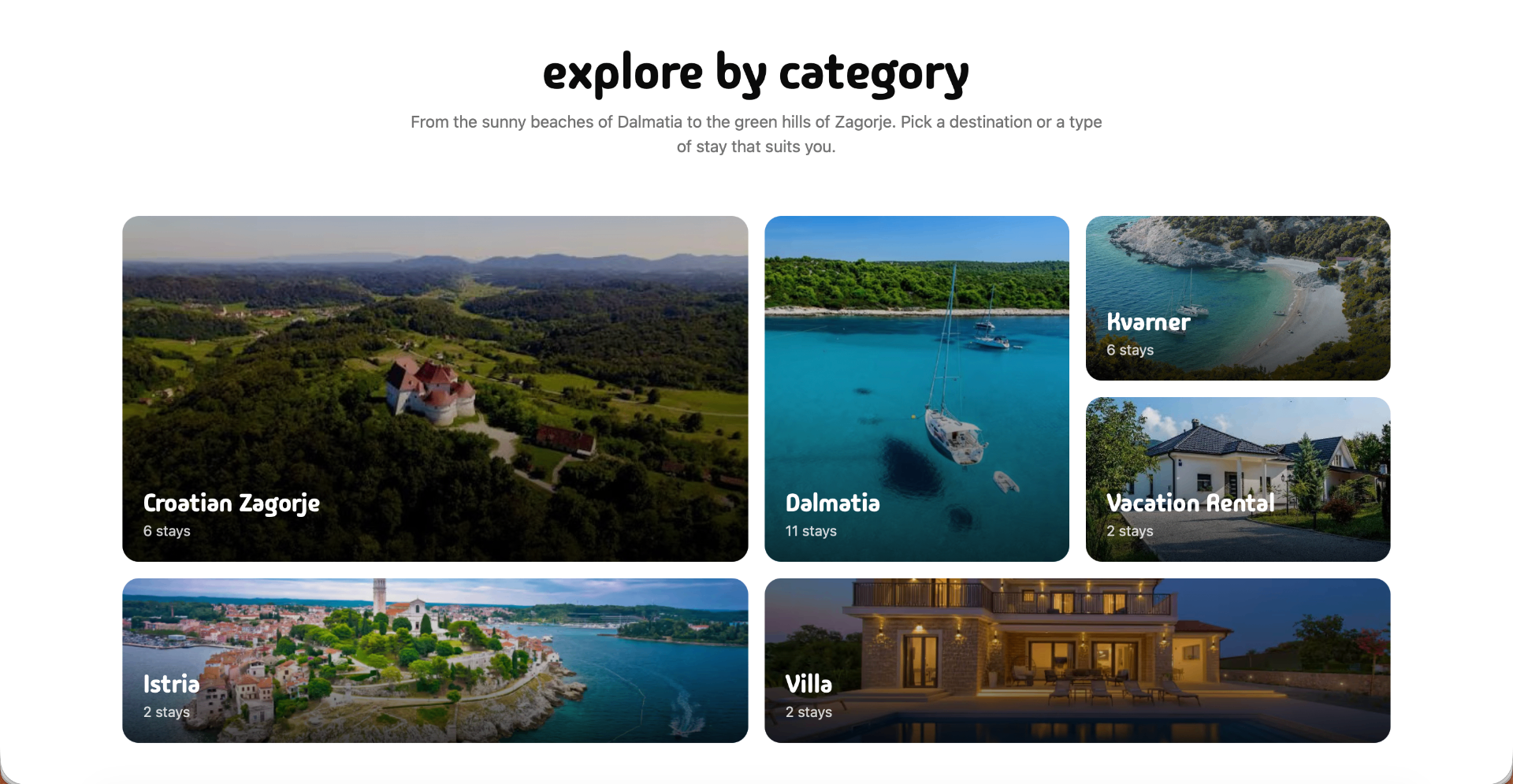 Livvi stays browsed by category and destination