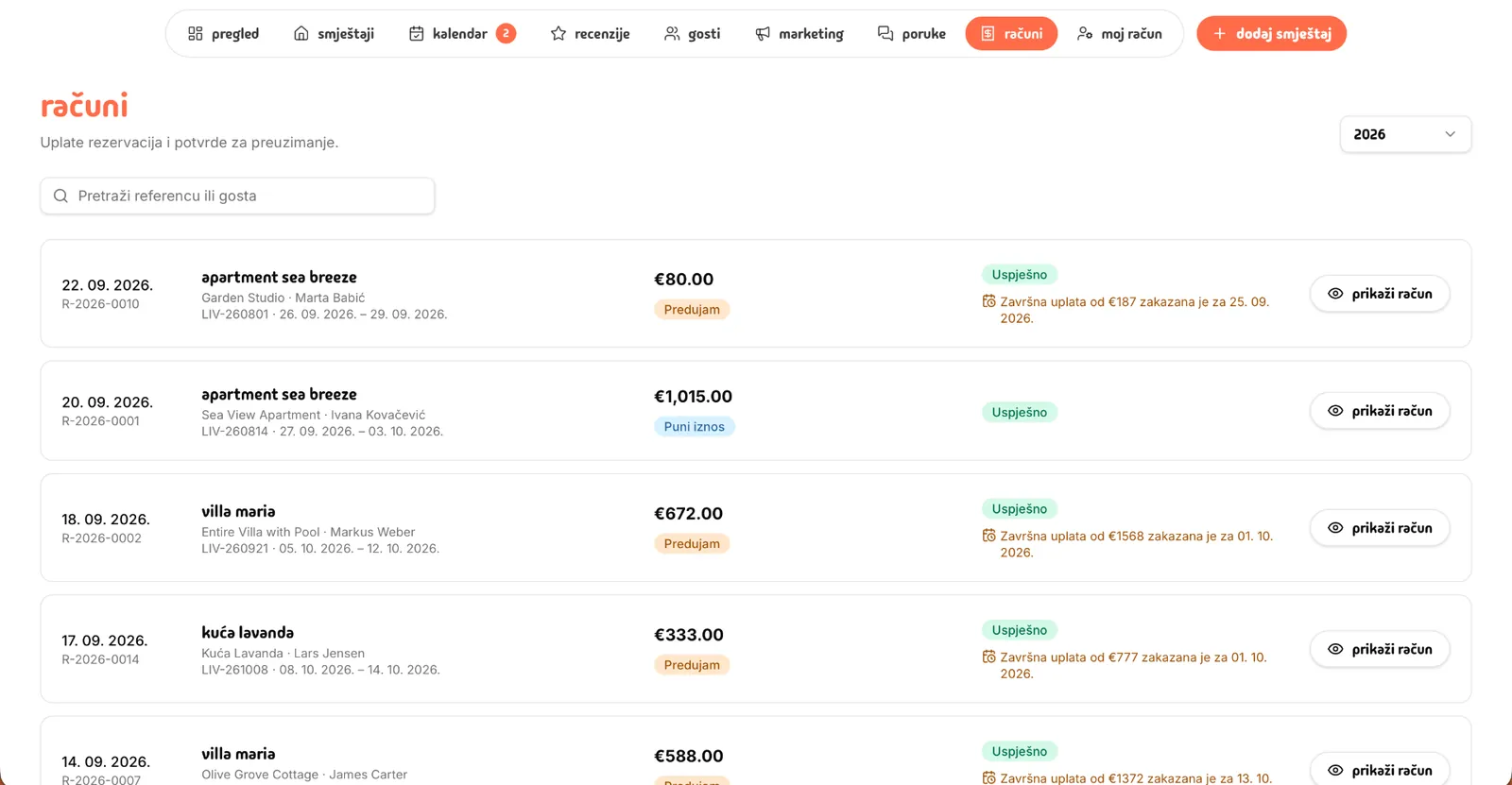 Livvi receipts list with dates, amounts and payment statuses