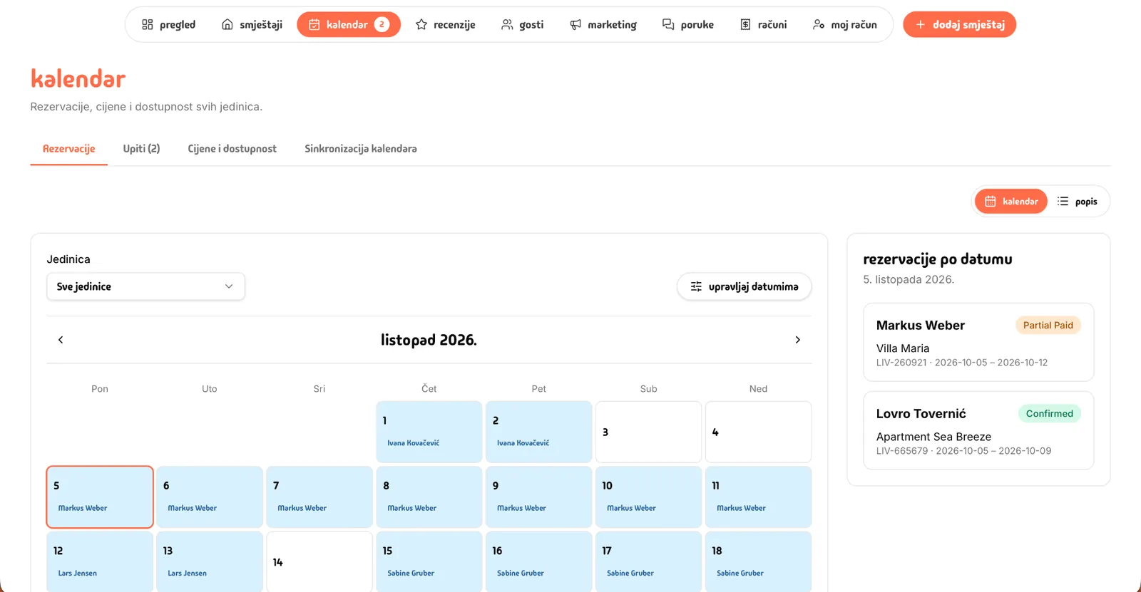 Livvi reservations calendar showing booked and blocked dates
