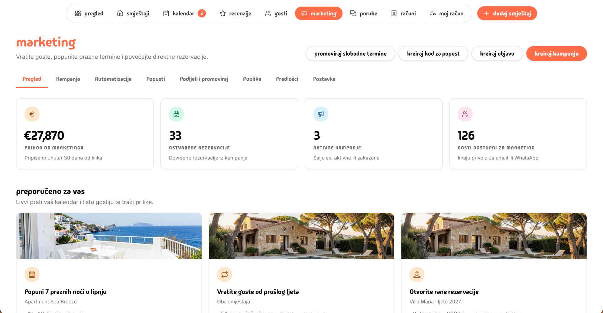 Livvi host marketing overview with revenue, bookings, campaigns and recommendations