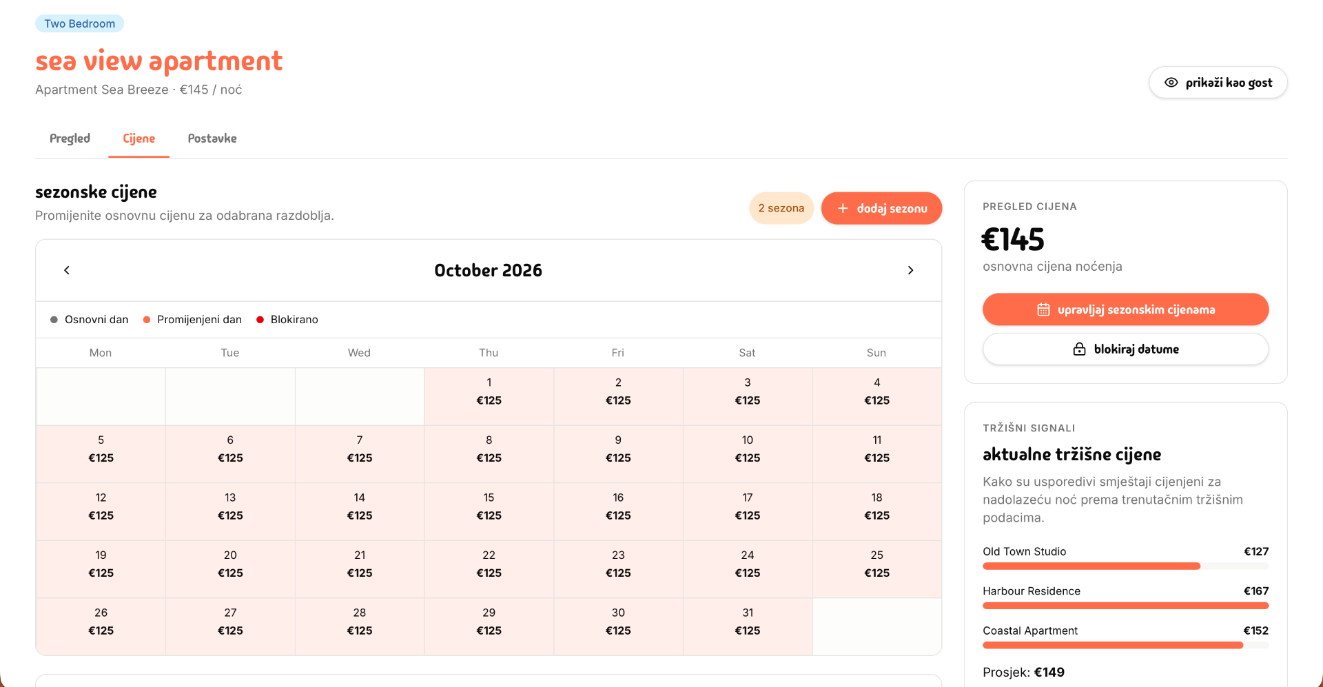 Livvi unit seasonal prices with a calendar and market signals in the sidebar
