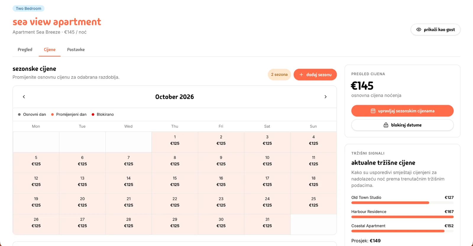 Livvi unit seasonal prices with a calendar and market signals in the sidebar
