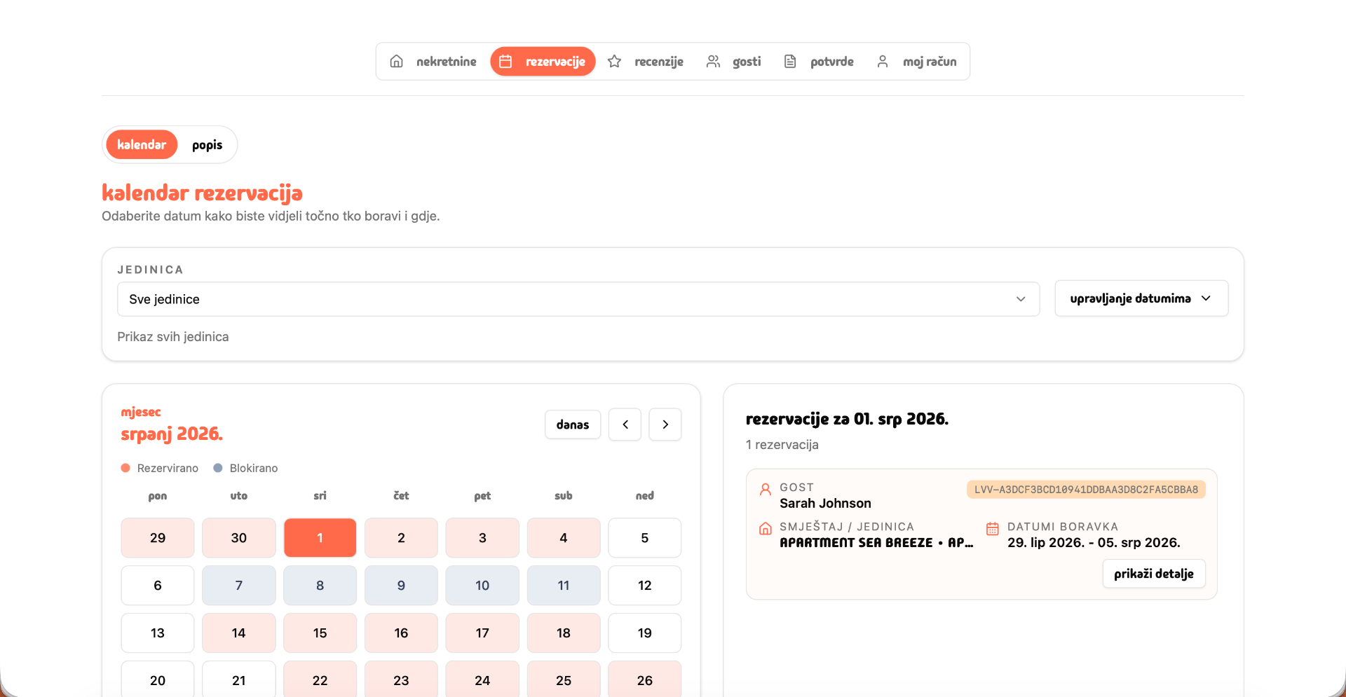 Livvi kalendar rezervacija s prikazom zauzetih i blokiranih datuma